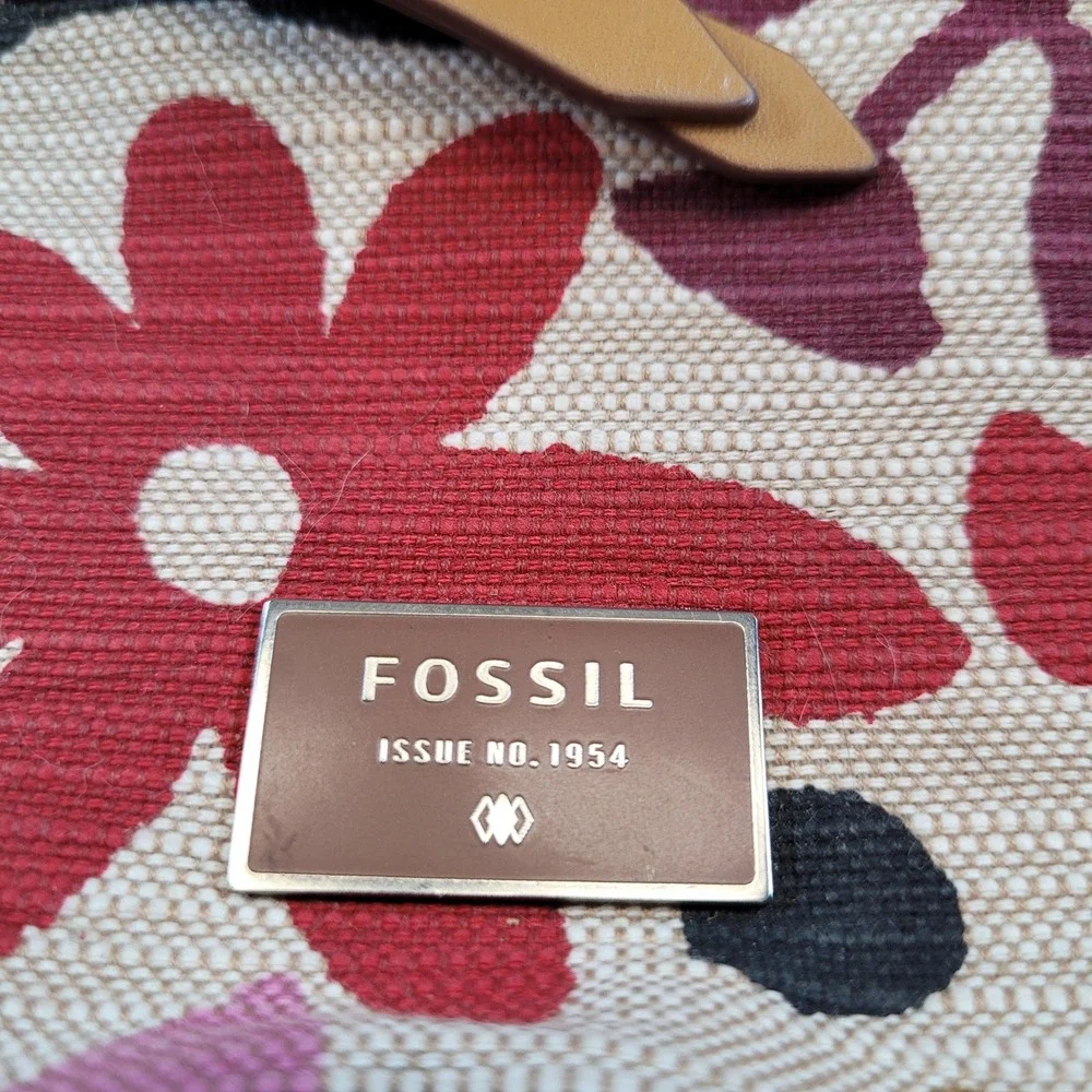 Fossil Issue No. 1954 Floral Canvas‎ Leather Satchel Crossbody Bag Tan Red